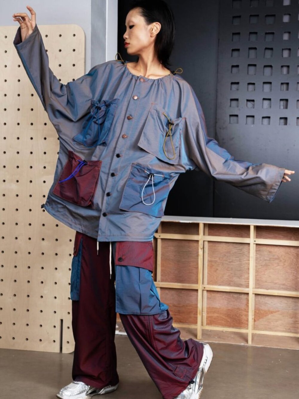FRIED RICE NYC FW23 Unisex Convertible Metallic Poncho Nylon Chore Jacket
